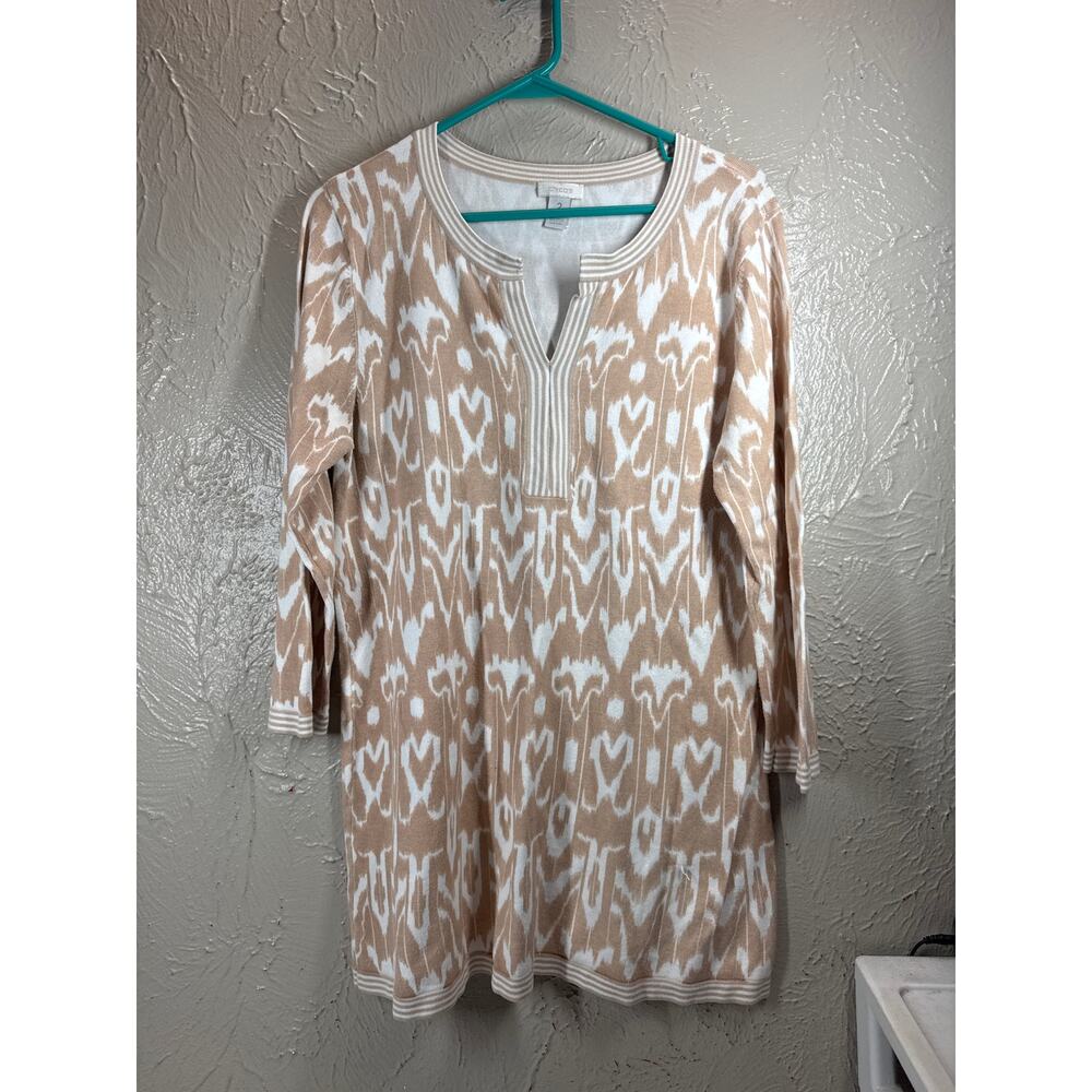 Chico's Scoop Neck Slit‎ pattern 3/4 Sleeve Sweater Dress Tunic Womens Size 2/12
